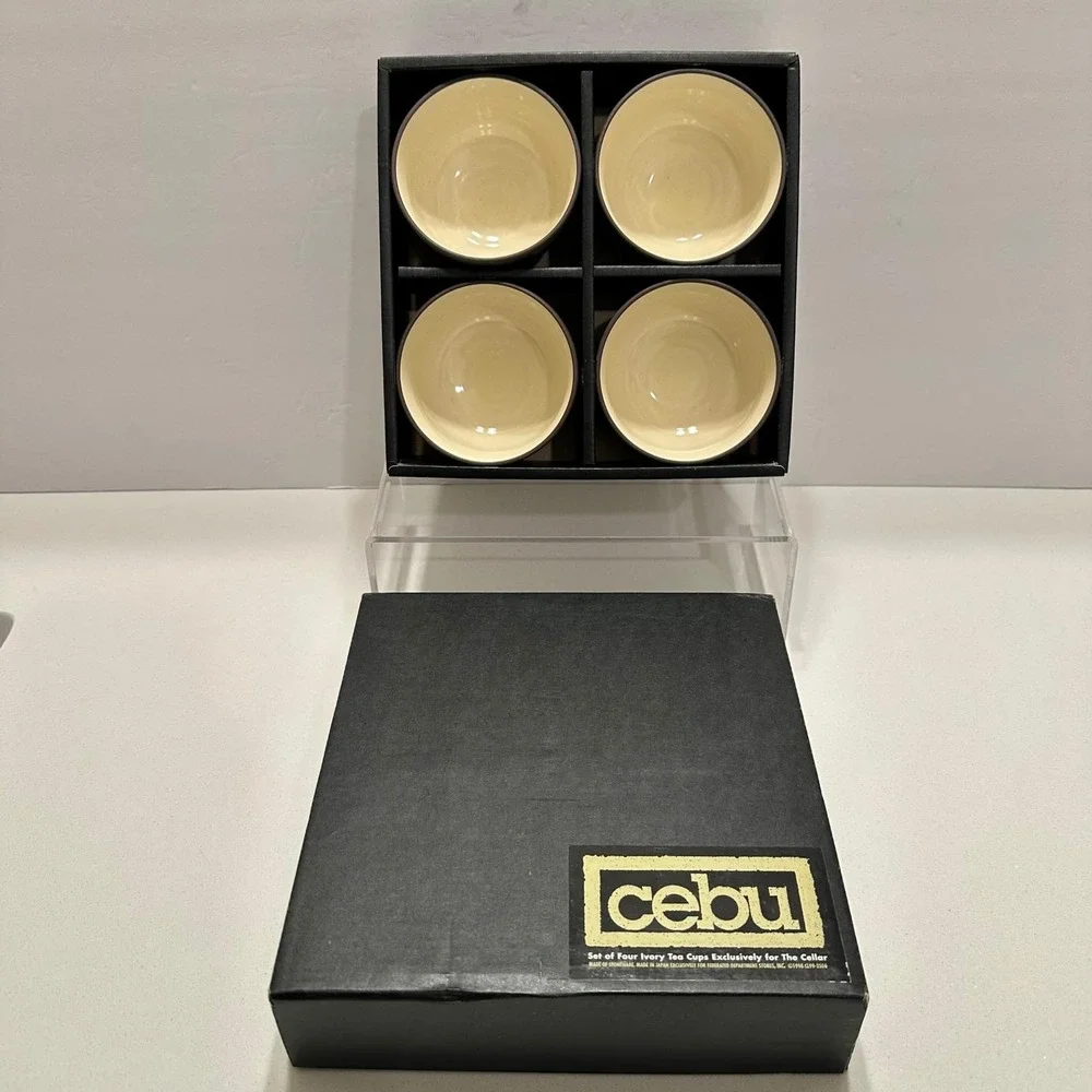 CEBU Set of Four (4) Back Ivory Tea Cups Made in Japan NEW in box The Cellar 90s